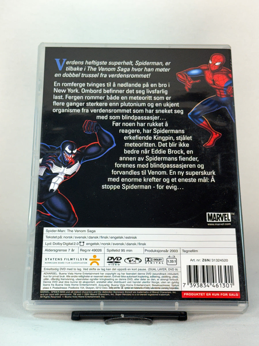 Bakside av DVD-cover til Spider-Man: The Venom Saga – actionfylt animasjonsutgave med episoder fra den ikoniske Marvel-serien, brukt originalfilm på DVD hos Brukbar Film.