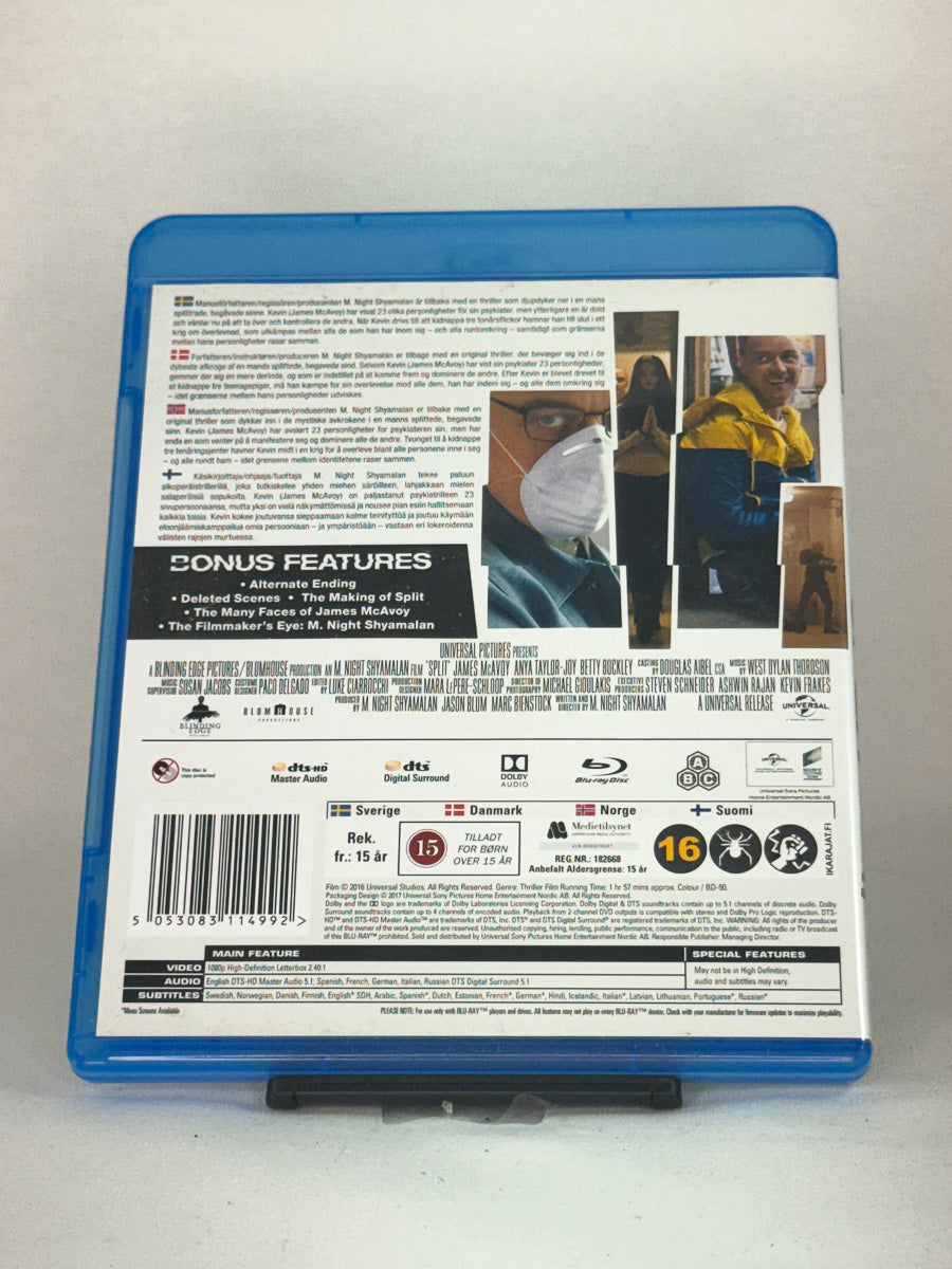 Bakside av Blu-ray-cover for Split – spesifikasjoner, lyd, undertekster og ekstramateriale, brukt Blu-ray hos Brukbar Film.