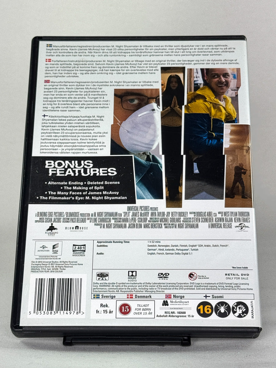 Bakside av DVD-cover for Split – spesifikasjoner, lyd, undertekster og ekstramateriale, brukt Blu-ray hos Brukbar Film.