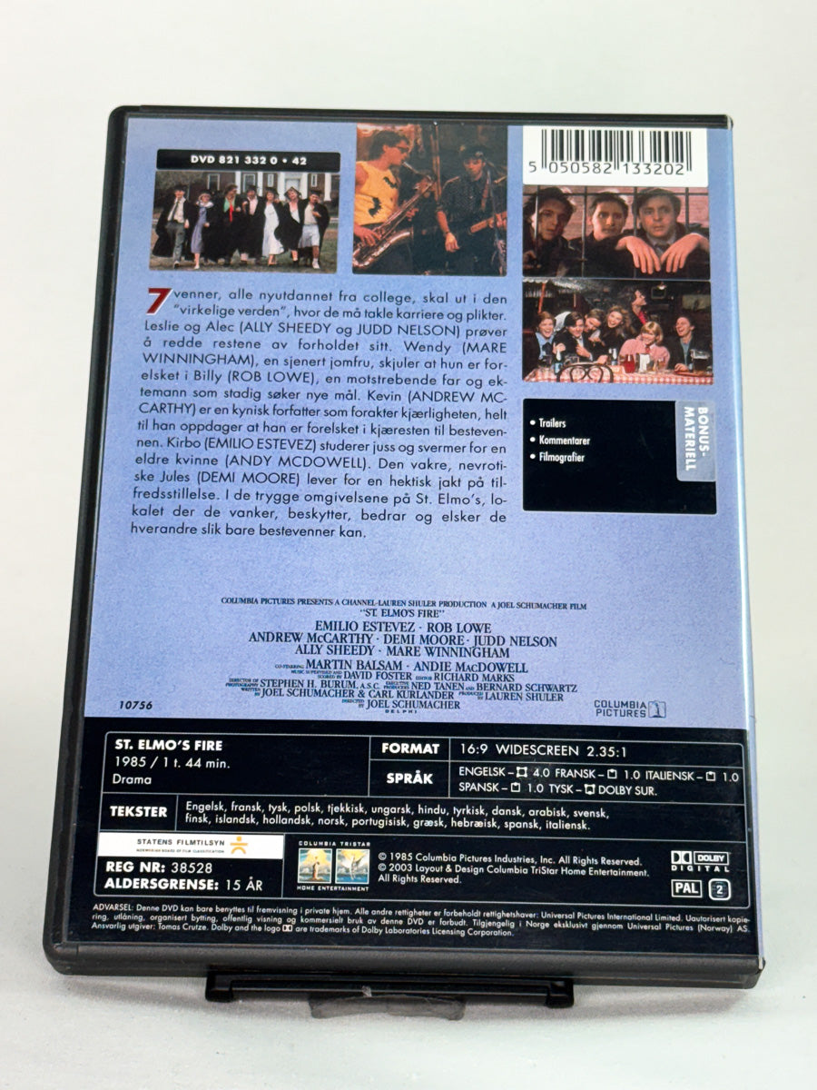 Bakside av DVD-cover til St. Elmo’s Fire, bruktfilm hos nettbutikken Brukbar Film