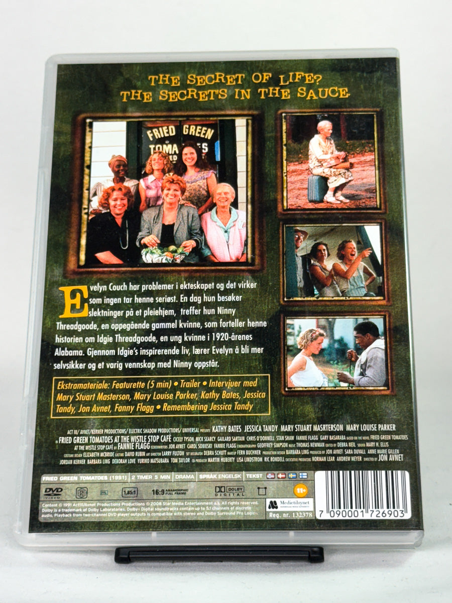 DVD-bakside til filmen Stekte grønne tomater
Baksiden viser info, spesifikasjoner og eventuell ekstratekst – produktbilde fra nettbutikken Brukbar Film