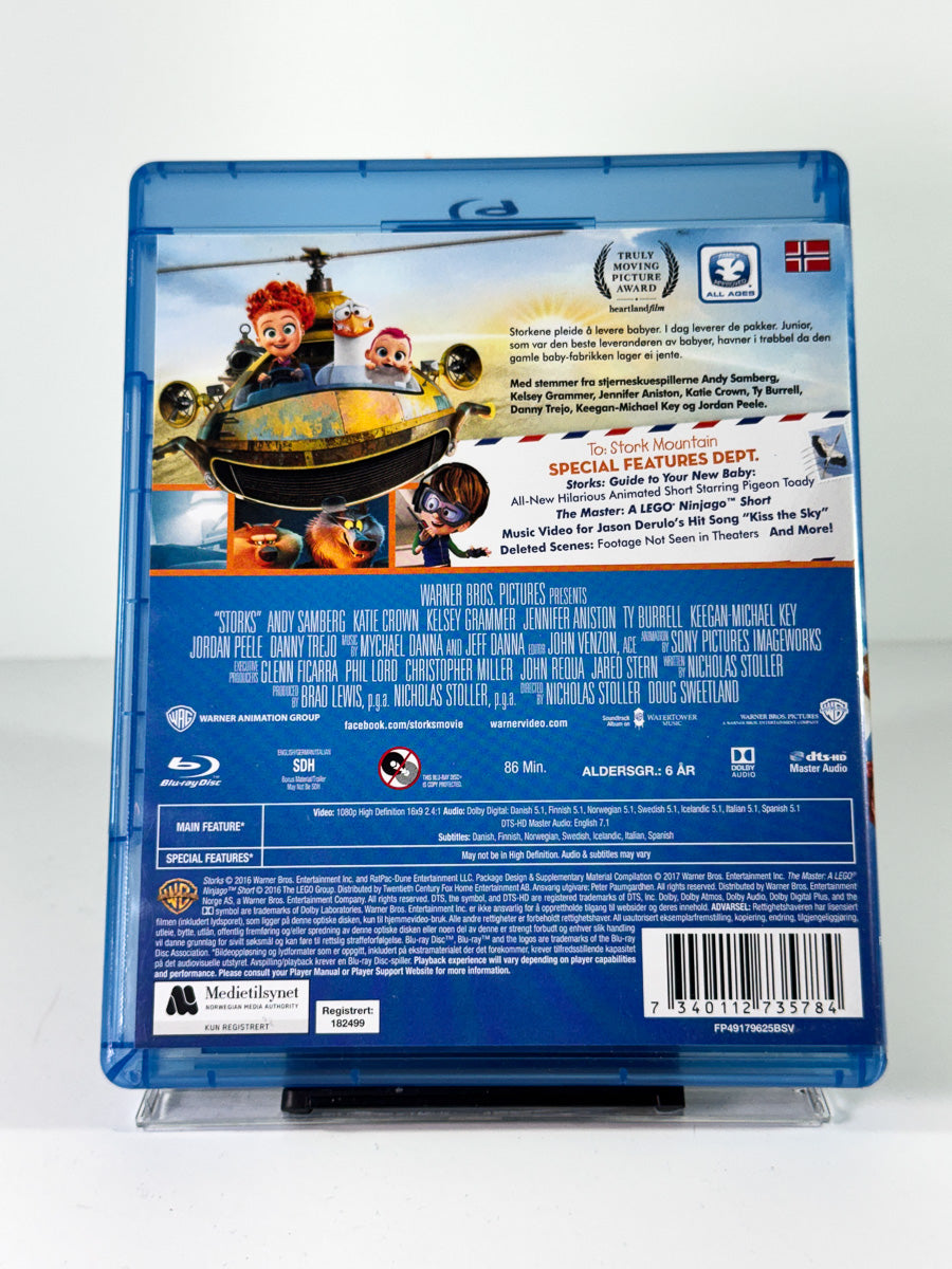 Bakside av cover til Storkene, brukt original Blu-ray hos Brukbar Film