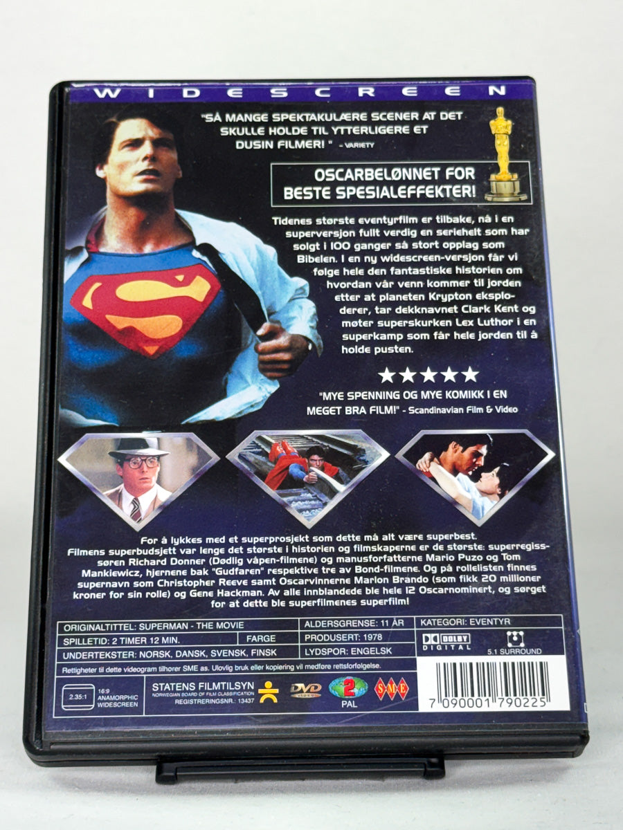 DVD-cover-bakside til filmen Superman: The Movie – Brukt DVD fra nettbutikken Brukbar Film