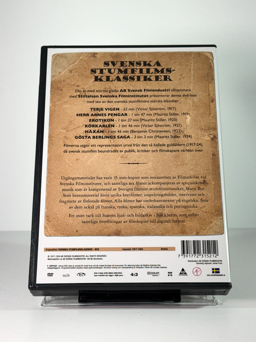 Bakside av cover til Svenska Stumfilmsklassiker, brukt original DVD hos Brukbar Film