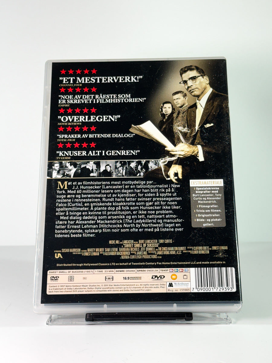 Bakside av cover til Sweet Smell of Success, bruktfilm på DVD hos Brukbar Film