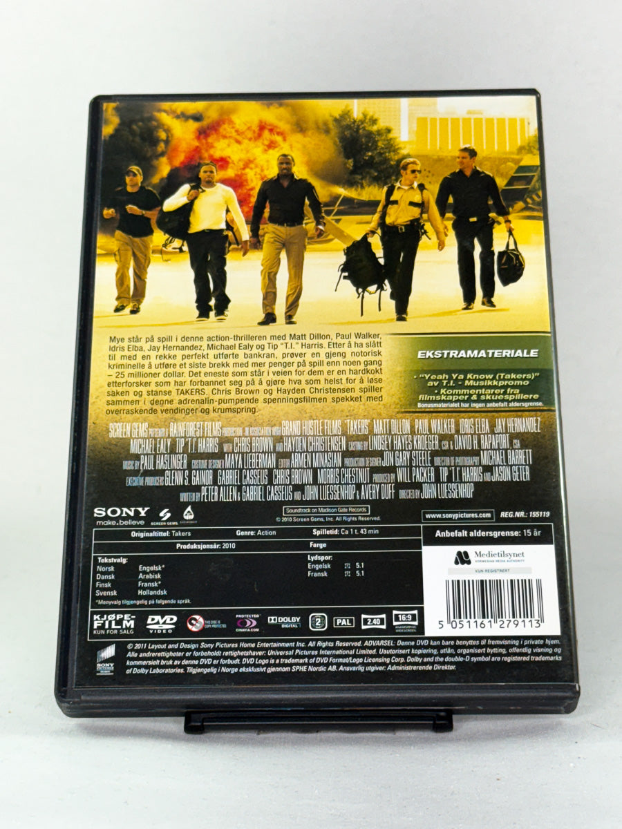 Bakside av DVD-cover for Takers, oversikt over innhold og spesifikasjoner – brukt DVD-utgave hos Brukbar Film