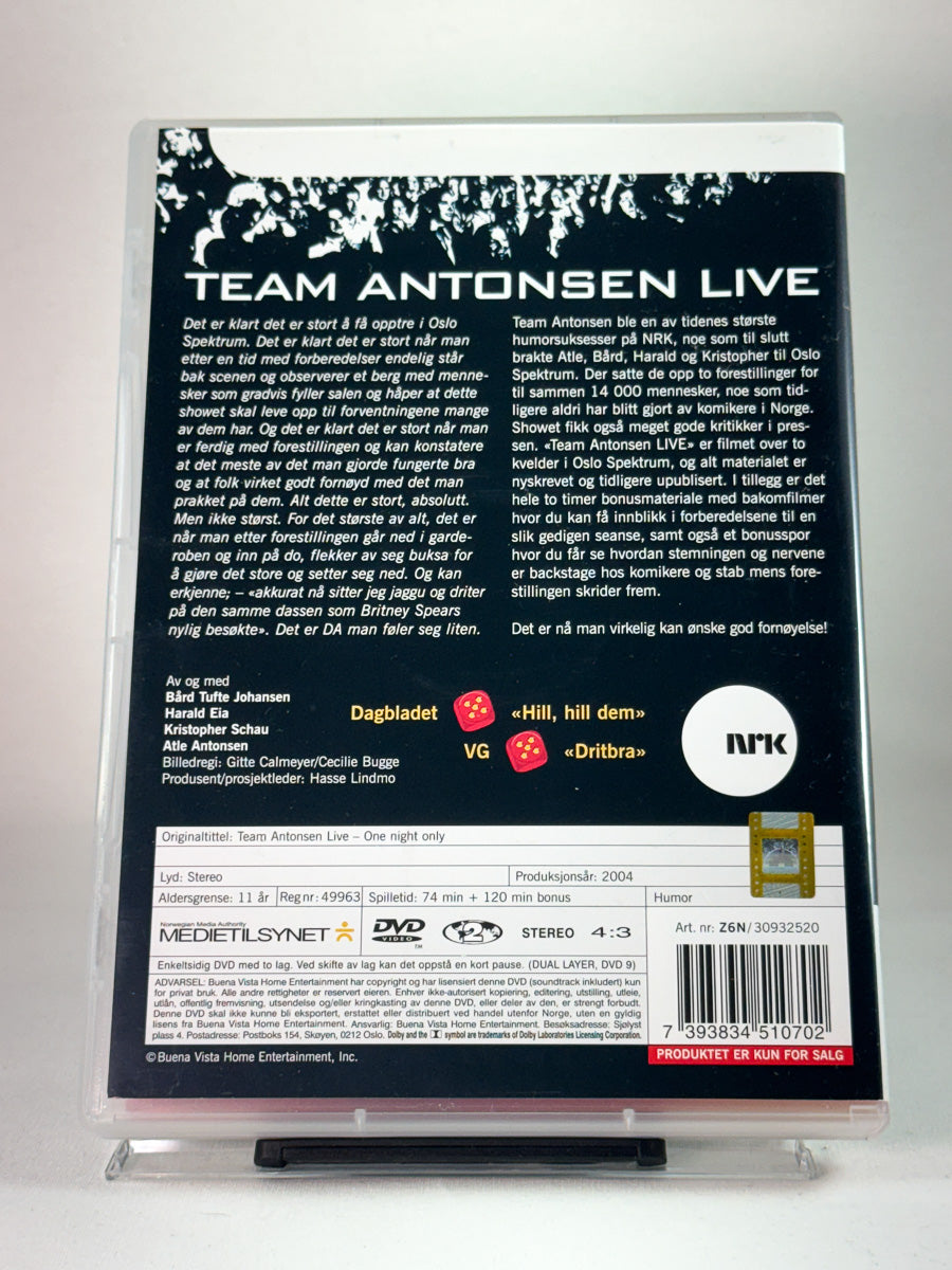 Bakside av DVD-cover for Team Antonsen Live – One Night Only, bruktfilm hos nettbutikken Brukbar Film
