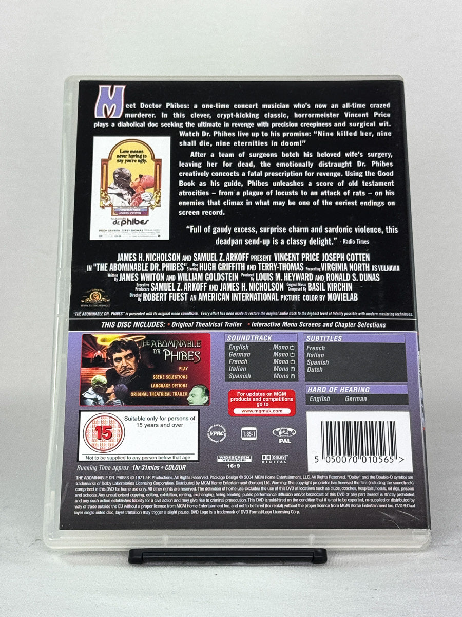 DVD-bakside til filmen The Abominable Dr. Phibes
Baksiden viser info, spesifikasjoner og eventuell ekstratekst – produktbilde fra nettbutikken Brukbar Film