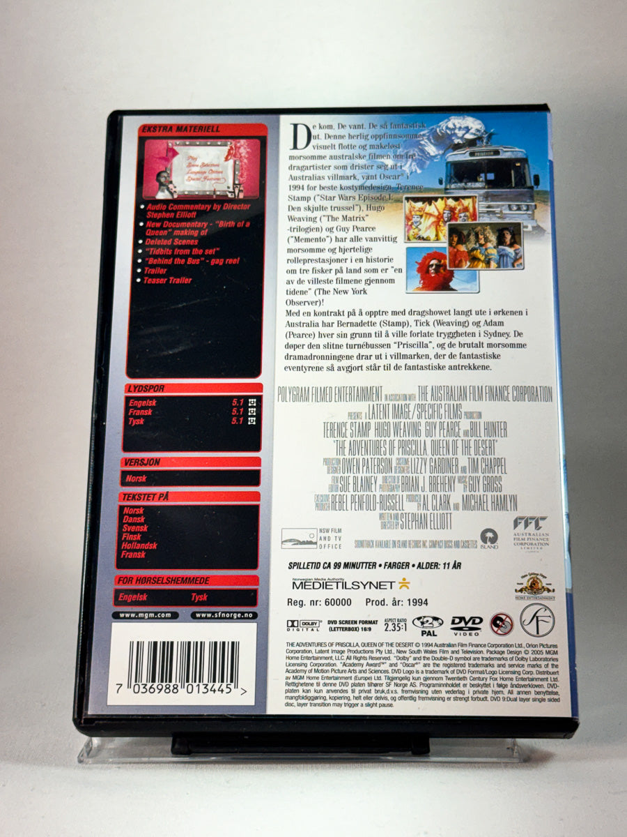 Bakside av cover til The Adventures of Priscilla: Queen of the Desert, bruktfilm på DVD hos Brukbar Film
