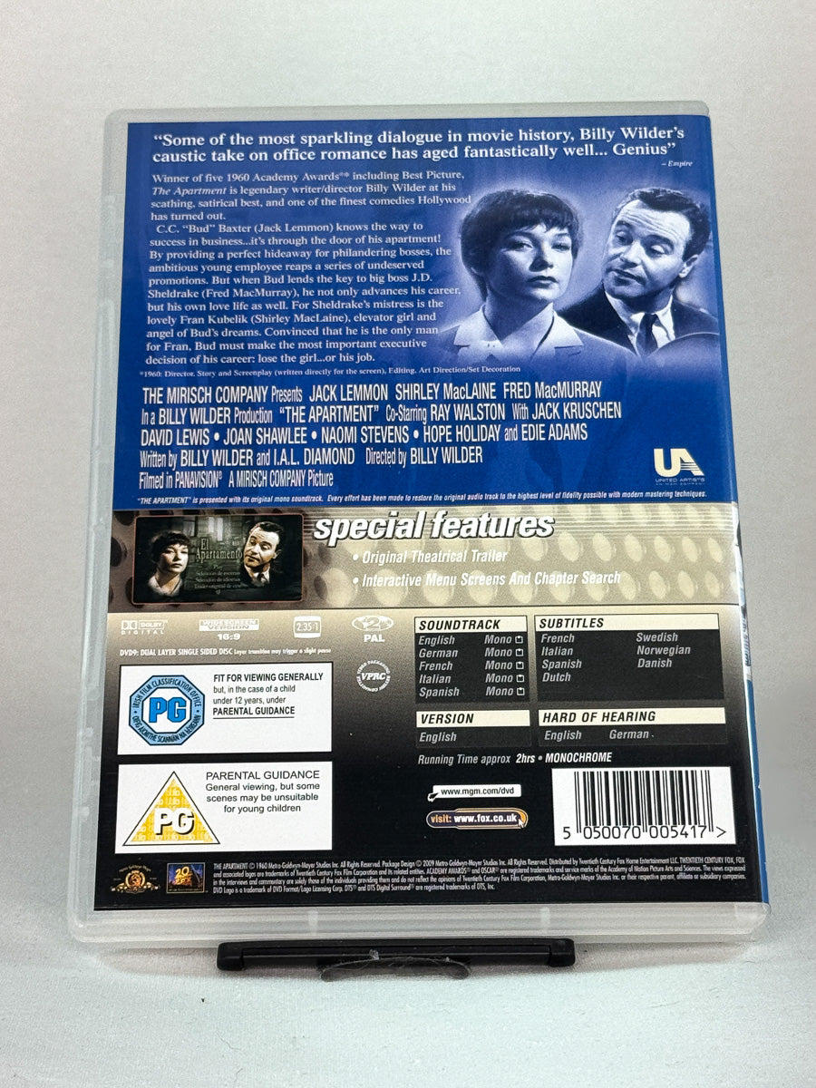 Bakside av DVD-cover for The Apartment – brukt originalfilm på Blu-ray fra Brukbar Film