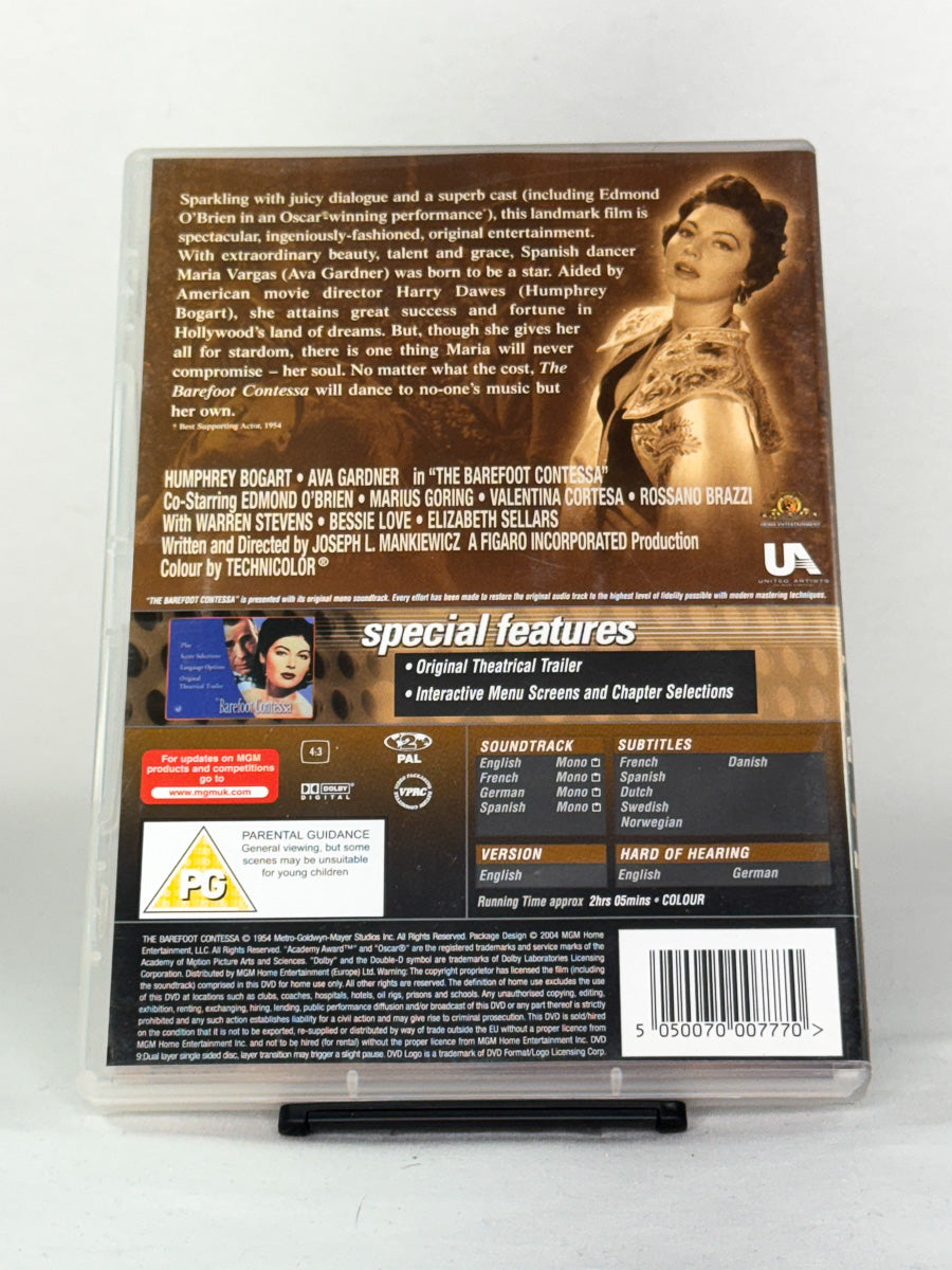 Bakside av DVD-cover for The Barefoot Contessa – brukt originalfilm på DVD, tilgjengelig hos Brukbar Film.