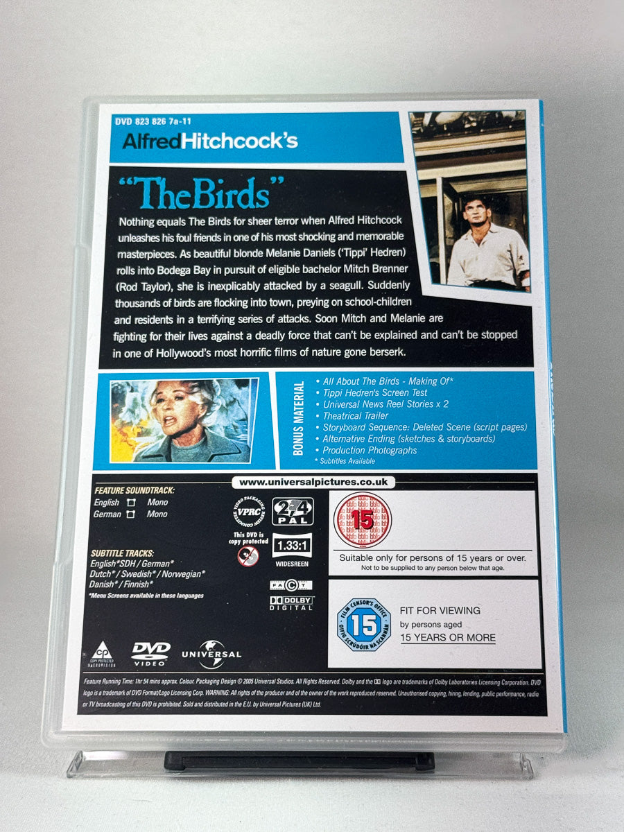 Bakside av DVD-cover for The Birds – klassisk natur- og psykologisk horror, brukt DVD hos Brukbar Film.