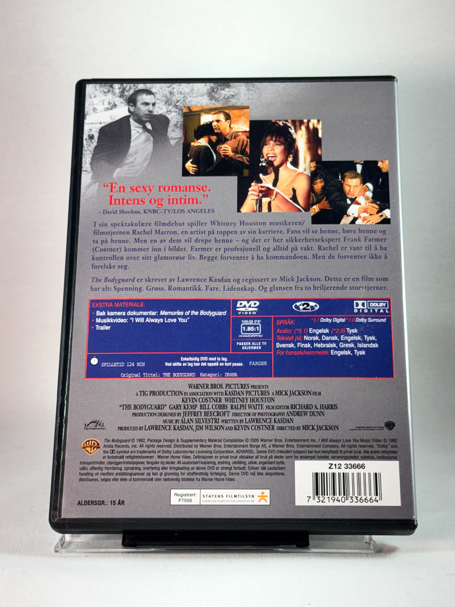 Bakside av cover til The Bodyguard, brukt original DVD hos Brukbar Film