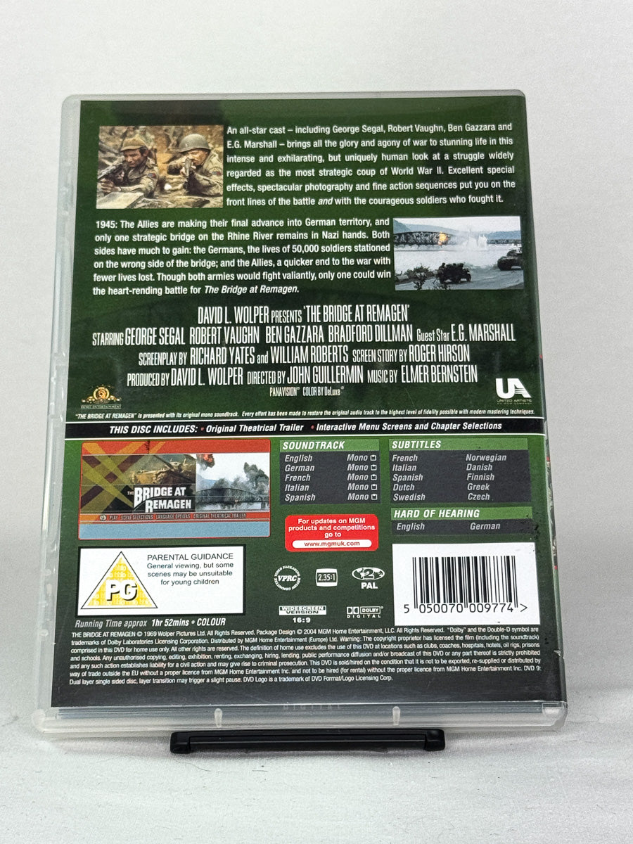 DVD-bakside til filmen The Bridge at Remagen
Baksiden viser info, spesifikasjoner og eventuell ekstratekst – produktbilde fra nettbutikken Brukbar Film