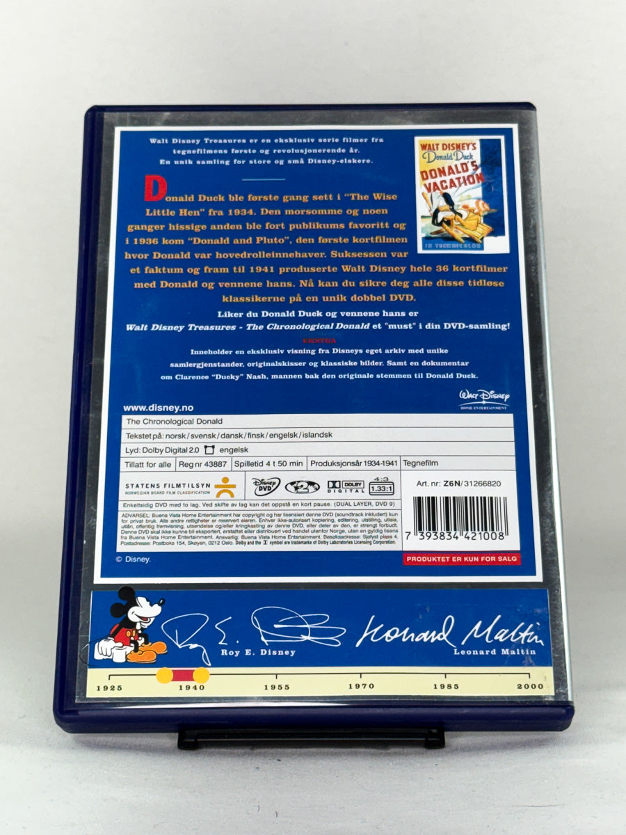 DVD-bakside til filmen The Chronological Donald: 1934–1941
Baksiden viser info, spesifikasjoner og eventuell ekstratekst – produktbilde fra nettbutikken Brukbar Film