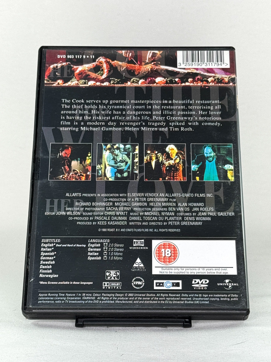 DVD-bakside til filmen The Cook, the Thief, His Wife and Her Lover
Baksiden viser info, spesifikasjoner og eventuell ekstratekst – produktbilde fra nettbutikken Brukbar Film