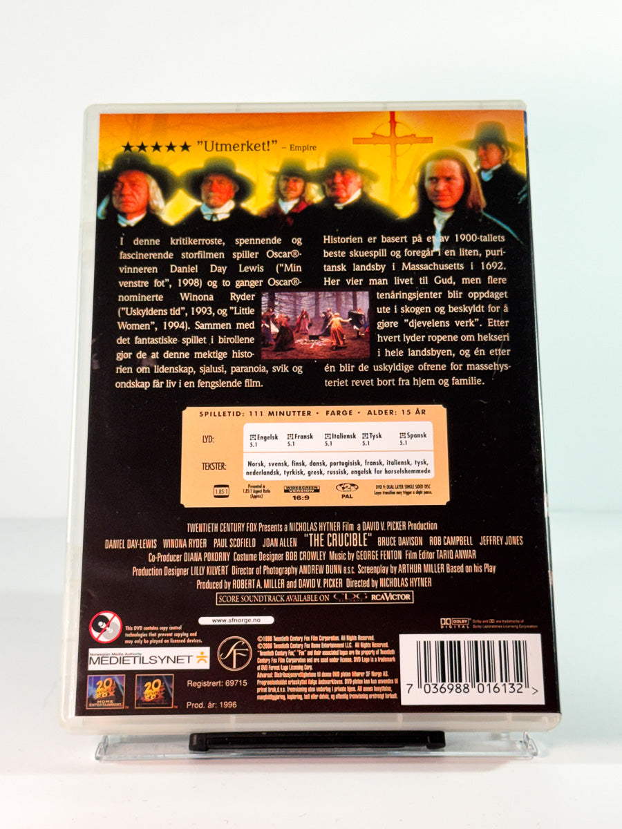 Bakside av cover til the crucible, bruktfilm hos nettbutikken Brukbar Film