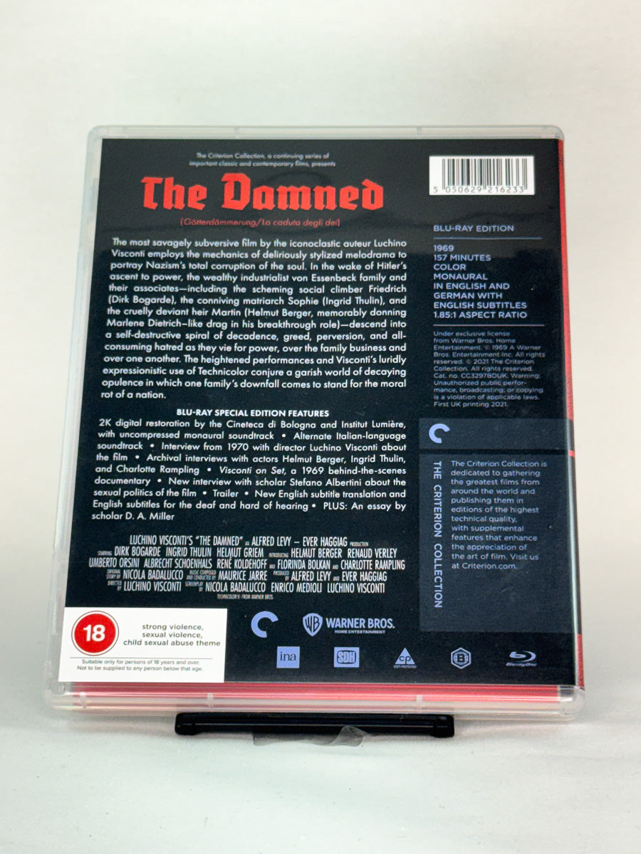 Bakside av Blu-ray-cover for filmen The Damned – brukt originalfilm på Blu-ray, historisk drama med kultstatus, tilgjengelig hos Brukbar Film