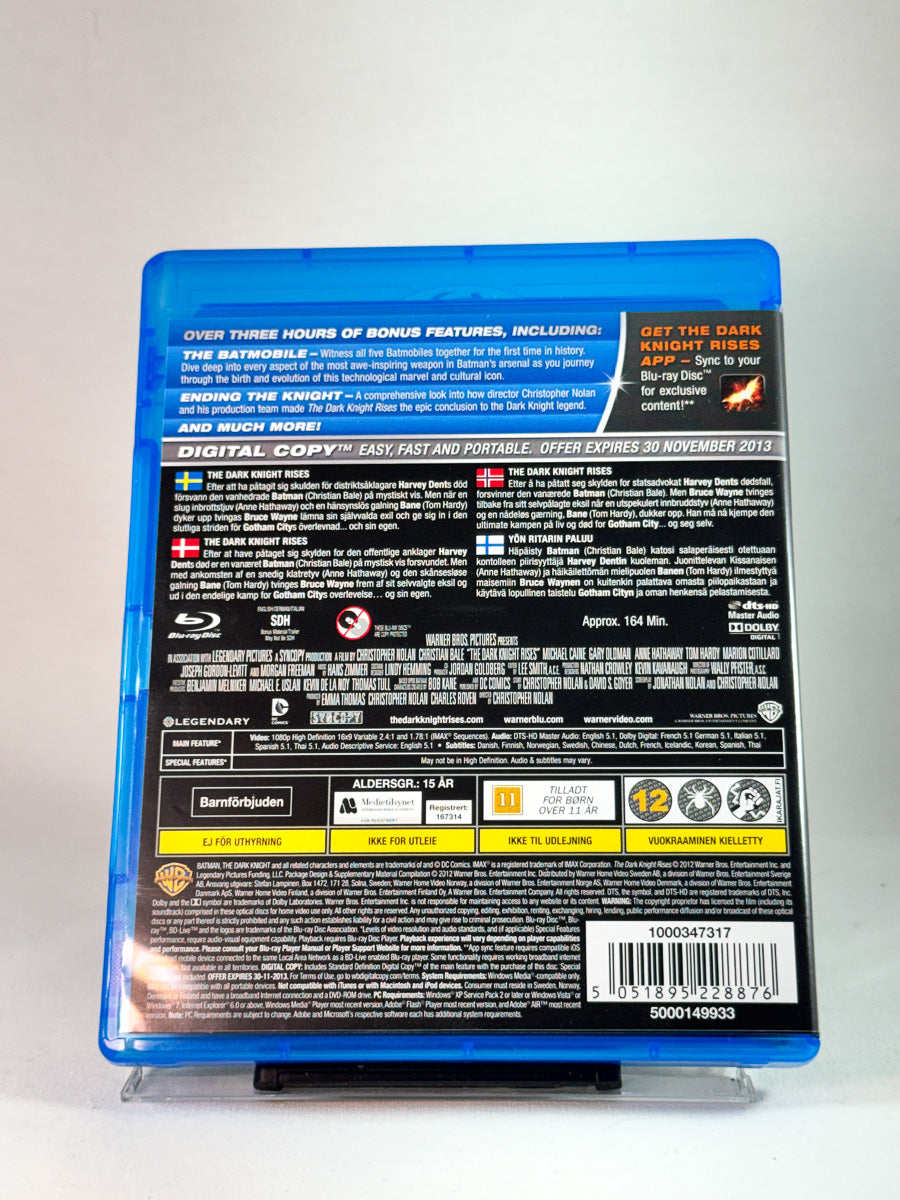 Bakside av cover til The Dark Knight Rises, brukt Blu-ray hos Brukbar Film