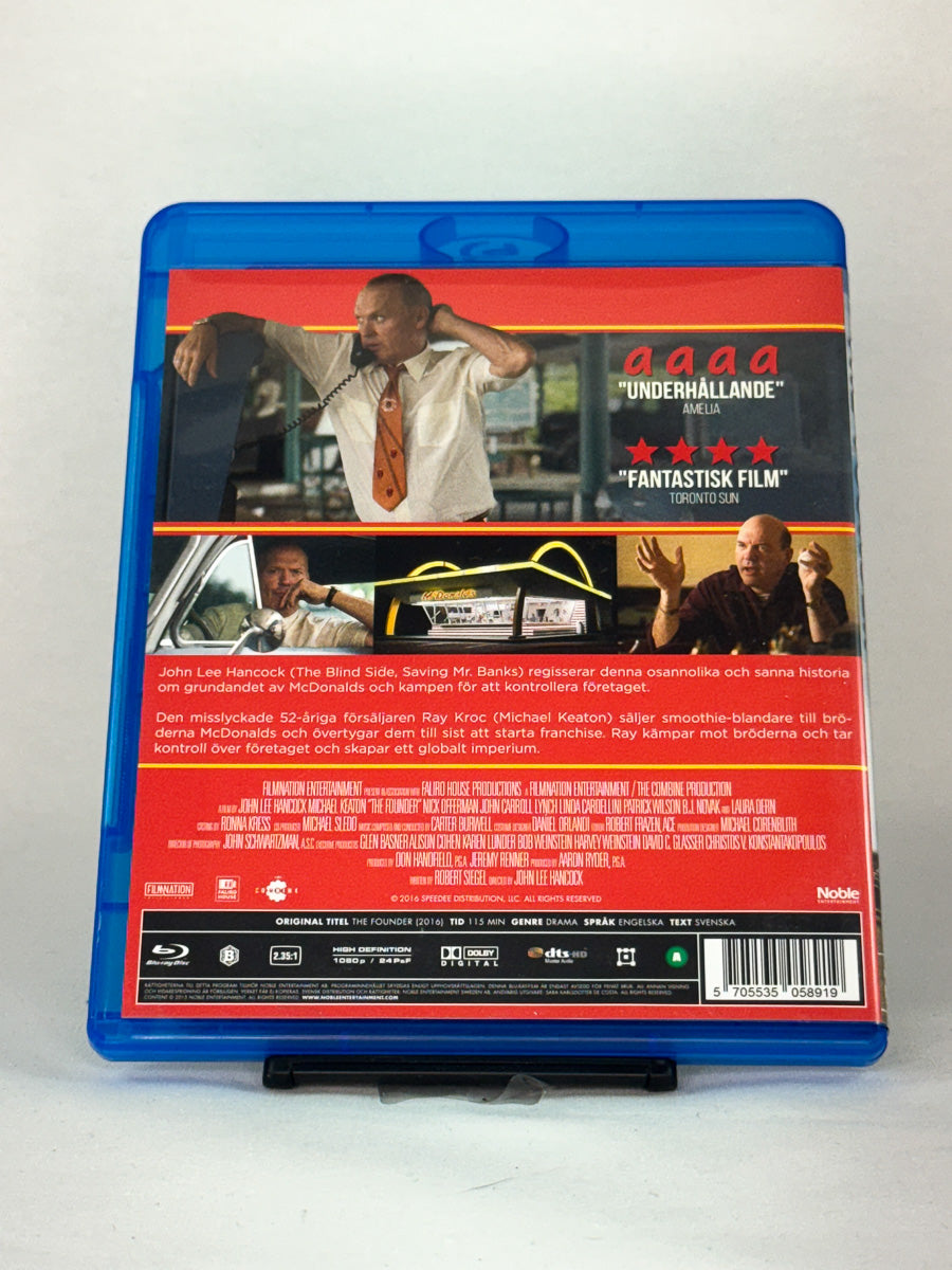Bakside av Blu-ray-cover til The Founder – fascinerende bedriftsdrama fra 50-tallets Amerika, brukt Blu-ray hos Brukbar Film.