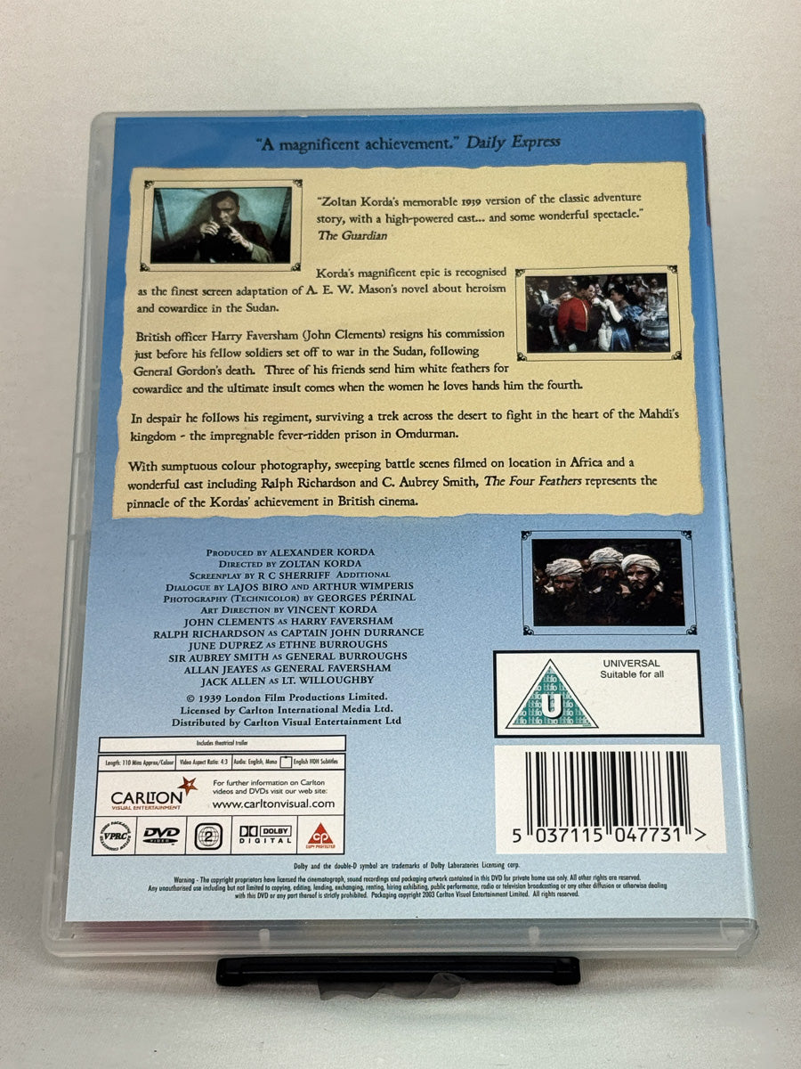 Bakside av DVD-cover for The Four Feathers – brukt originalfilm på DVD, tilgjengelig i nettbutikken Brukbar Film.