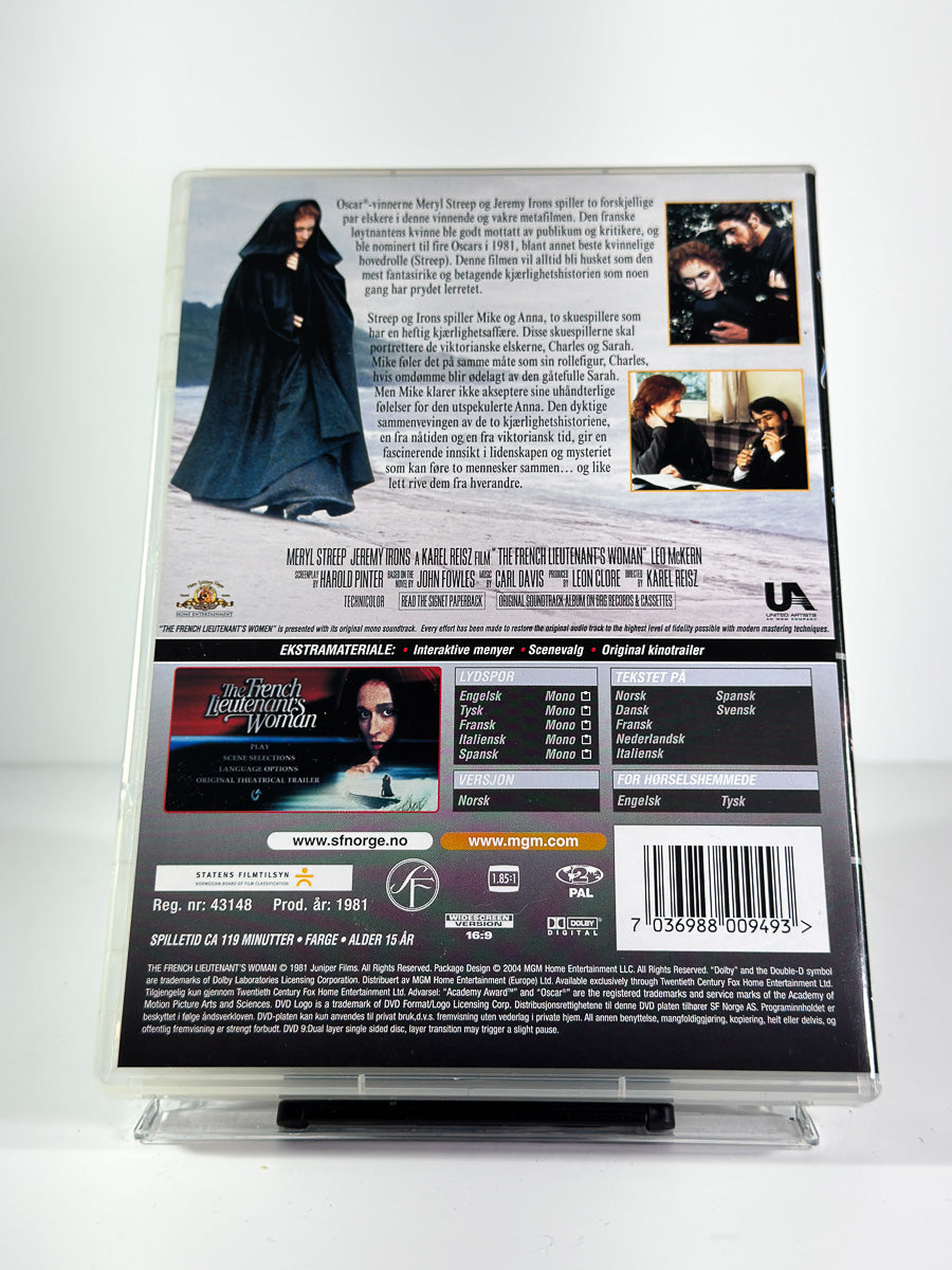 Bakside av cover til The French Lieutenant's Woman på DVD