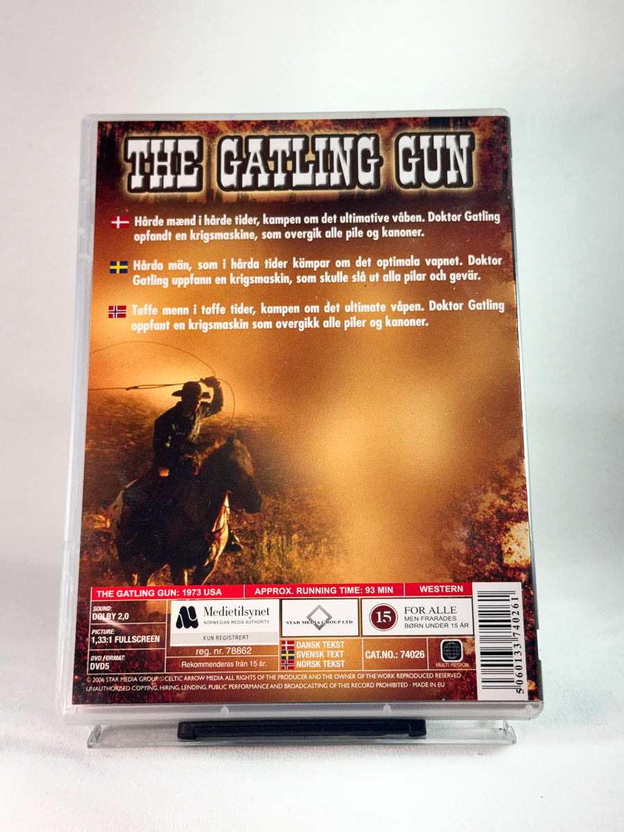 Bakside av cover til The Gatling Gun, bruktfilm på DVD hos Brukbar Film