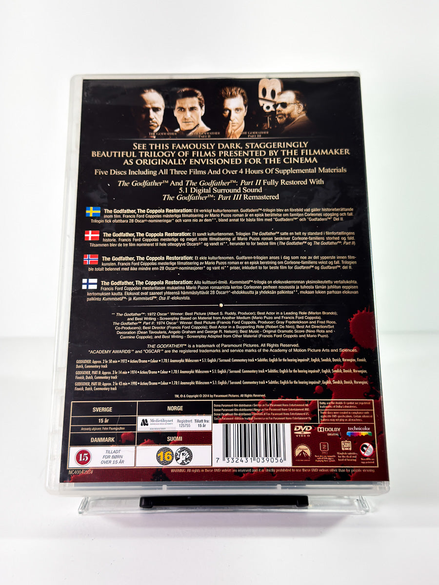 Bakside av cover til The Godfather, bruktfilm på DVD hos Brukbar Film