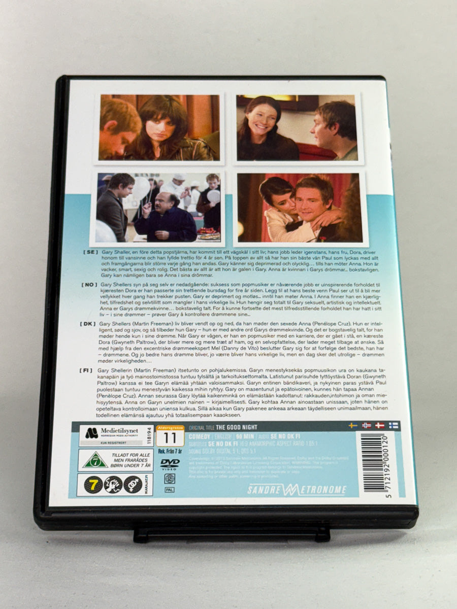 Bakside av The Good Night – drømmende og varm film om kjærlighet, fantasi og virkelighet, brukt DVD fra Brukbar Film.