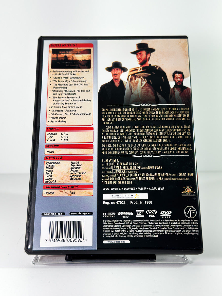 Bakside av cover til The Good, the Bad and the Ugly på DVD hos Brukbar Film