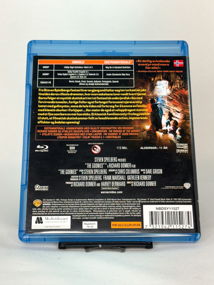Bakside av Blu-ray-cover for The Goonies – detaljer om filmens innhold, bonus og teknisk informasjon, brukt film hos Brukbar Film.