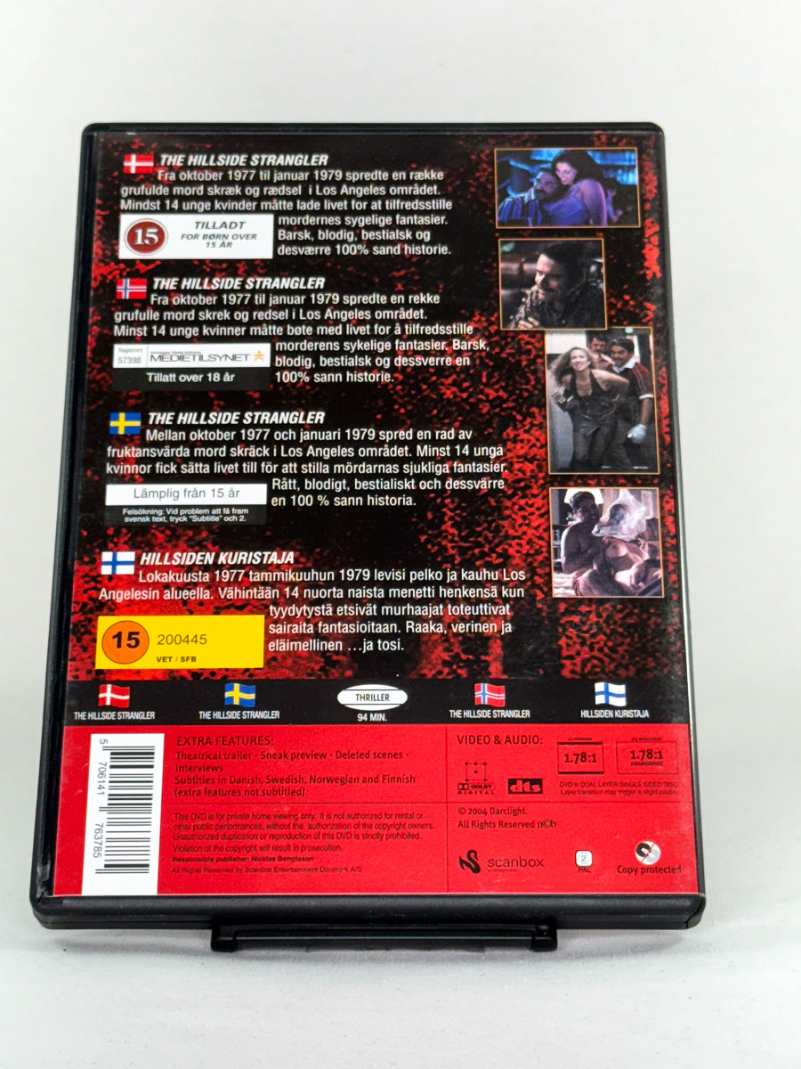 Bakside av The Hillside Strangler – mørk true crime-film om et av USAs mest beryktede drapssaker, brukt DVD fra Brukbar Film.