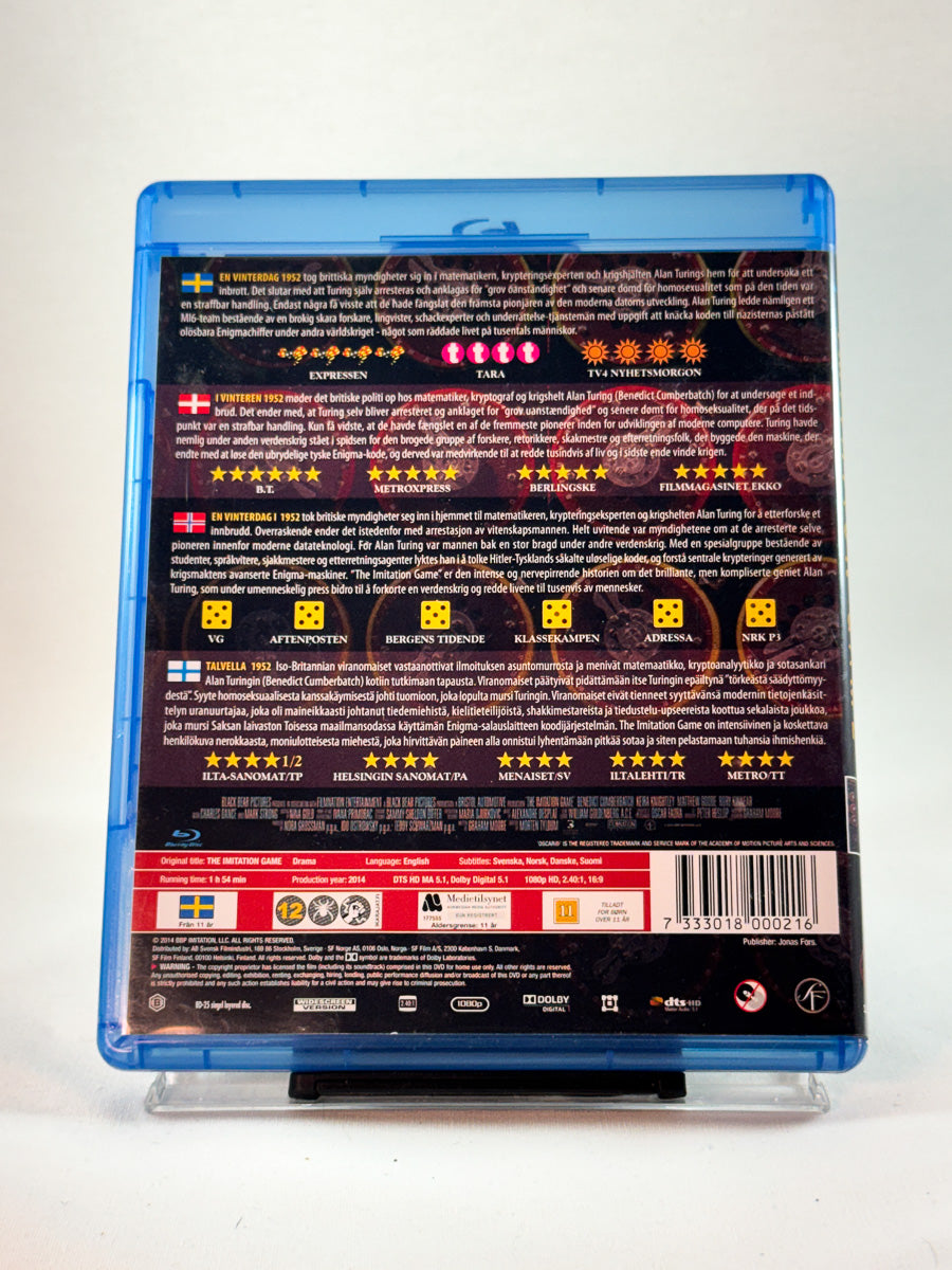 Bakside av cover til The Imitation Game, brukt Blu-ray film hos nettbutikken Brukbar Film