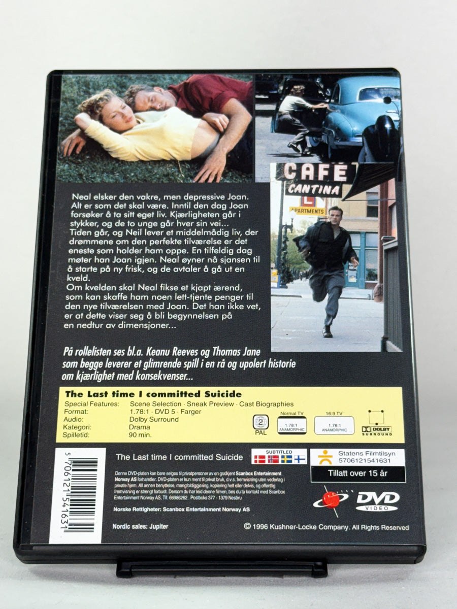 Bakside av DVD-cover til The Last Time I Committed Suicide – poetisk og melankolsk film om kjærlighet og eksistens – brukt originalfilm på DVD hos Brukbar Film.