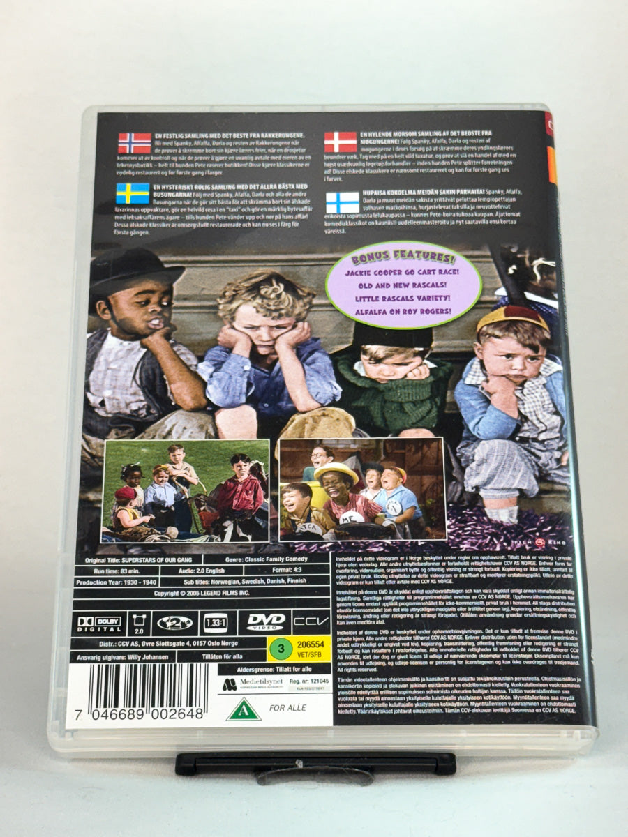 Bakside av DVD-cover til The Little Rascals – Superstars of Our Gang – samling med restaurerte versjoner og bonusinnhold, brukt originalutgave på DVD hos Brukbar Film.