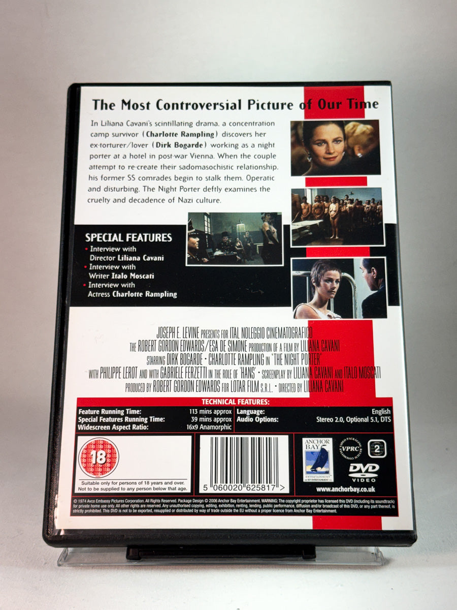 Bakside av cover til The Night Porter, brukt original DVD hos Brukbar Film