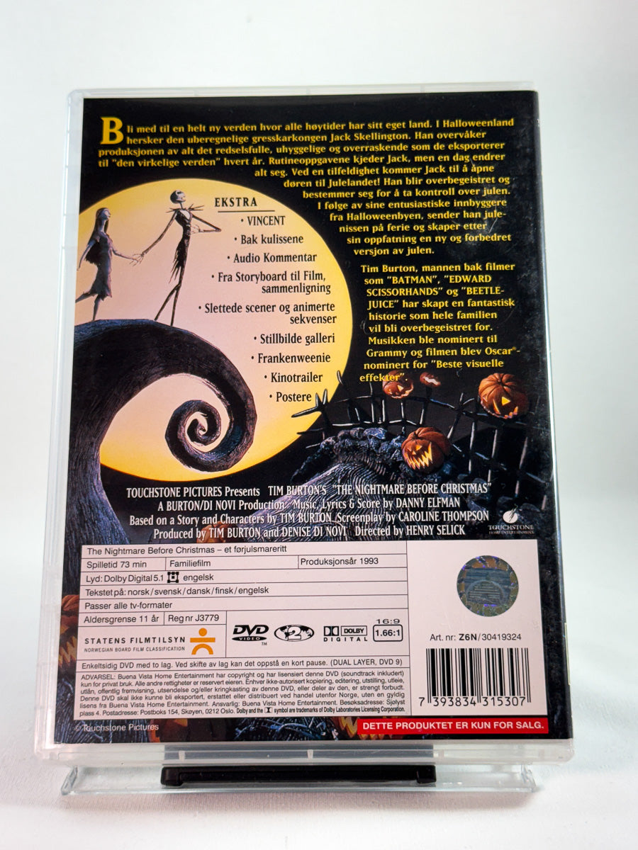Bakside av DVD-cover til The Nightmare Before Christmas – Et førjulsmareritt, bruktfilm hos nettbutikken Brukbar Film