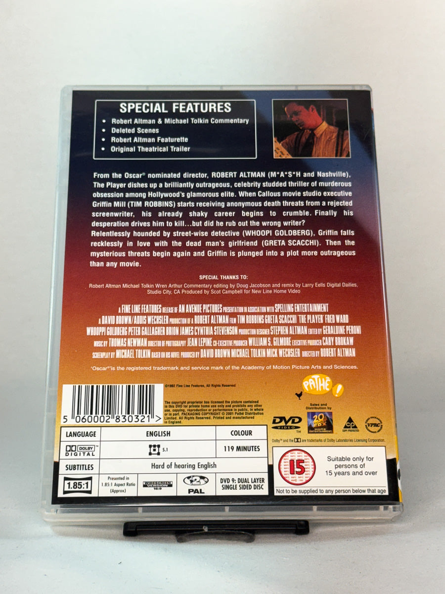 Bakside av DVD-cover til The Player, bruktfilm hos nettbutikken Brukbar Film