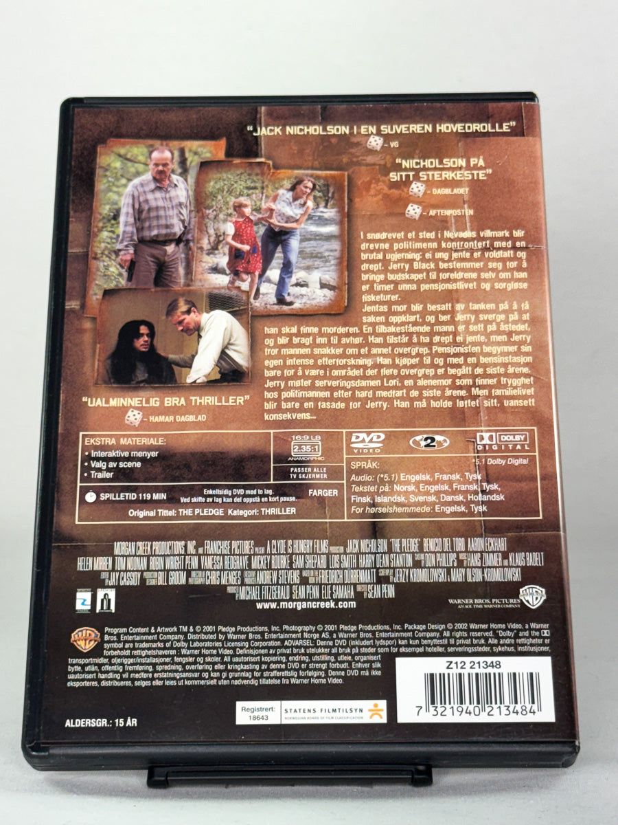DVD-cover-bakside til filmen The Pledge – Mistanken – Brukt DVD fra nettbutikken Brukbar Film