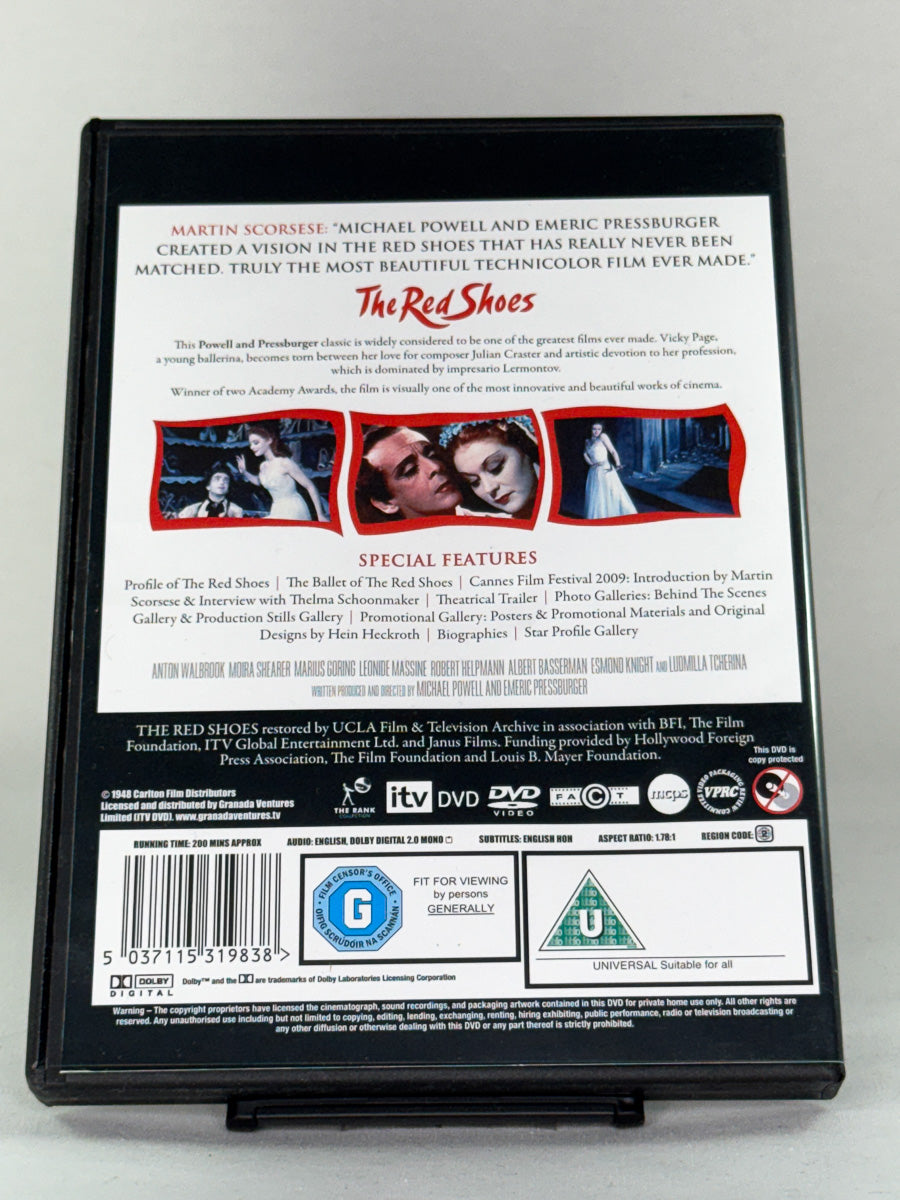 DVD-bakside til filmen The Red Shoes
Baksiden viser info, spesifikasjoner og eventuell ekstratekst – produktbilde fra nettbutikken Brukbar Film