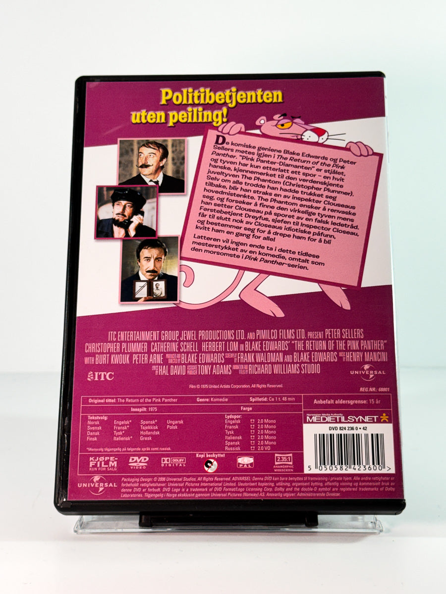 Bakside av cover til The Return of the Pink Panther, bruktfilm på DVD hos Brukbar Film