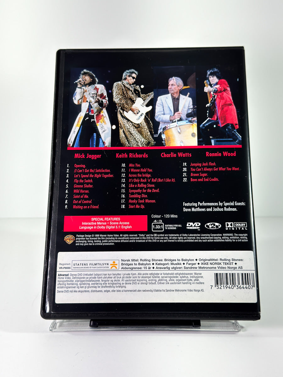 Bakside av cover til The Rolling Stones: Bridges to Babylon Tour 97–98, bruktfilm på DVD hos Brukbar Film