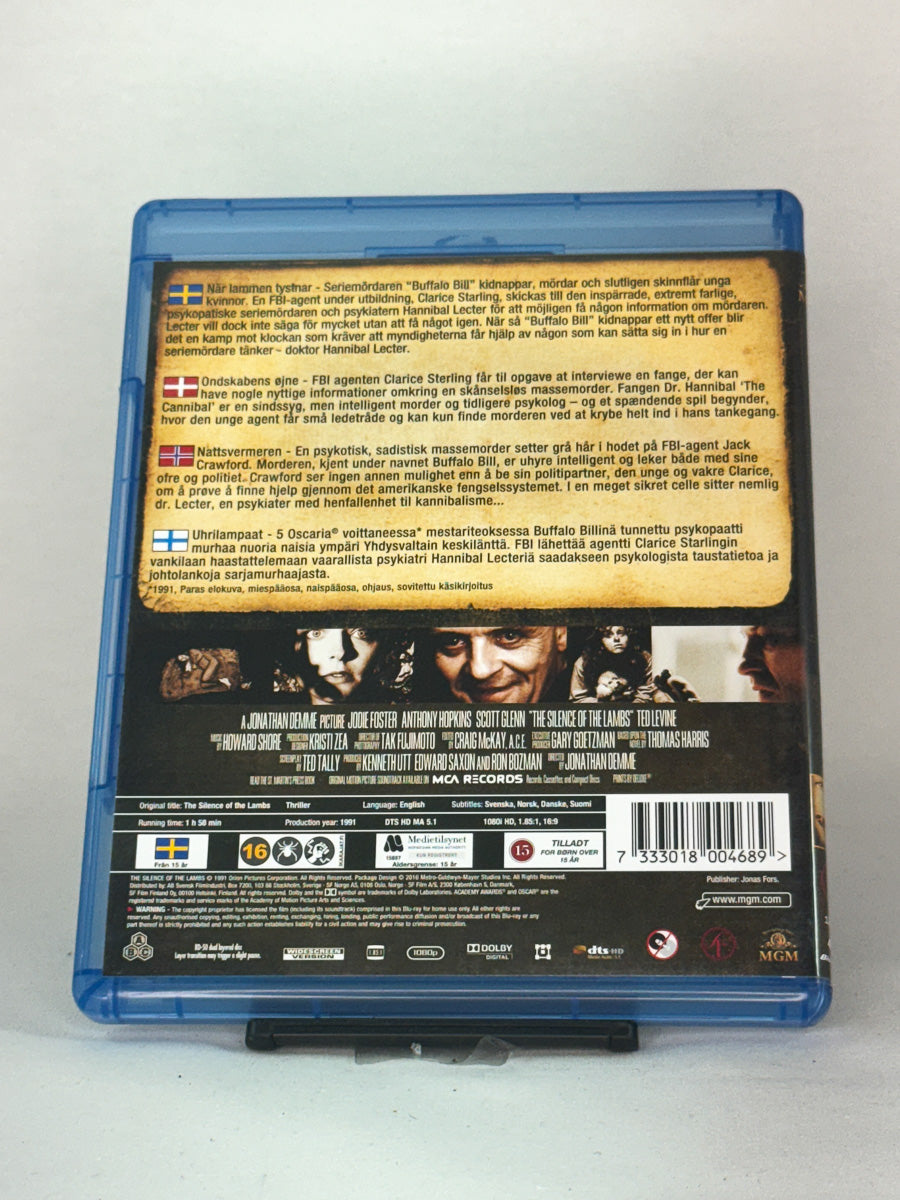 Bakside av Blu-ray-cover for The Silence of the Lambs – informasjon om priser, rollebesetning og tekniske detaljer, brukt film hos Brukbar Film.