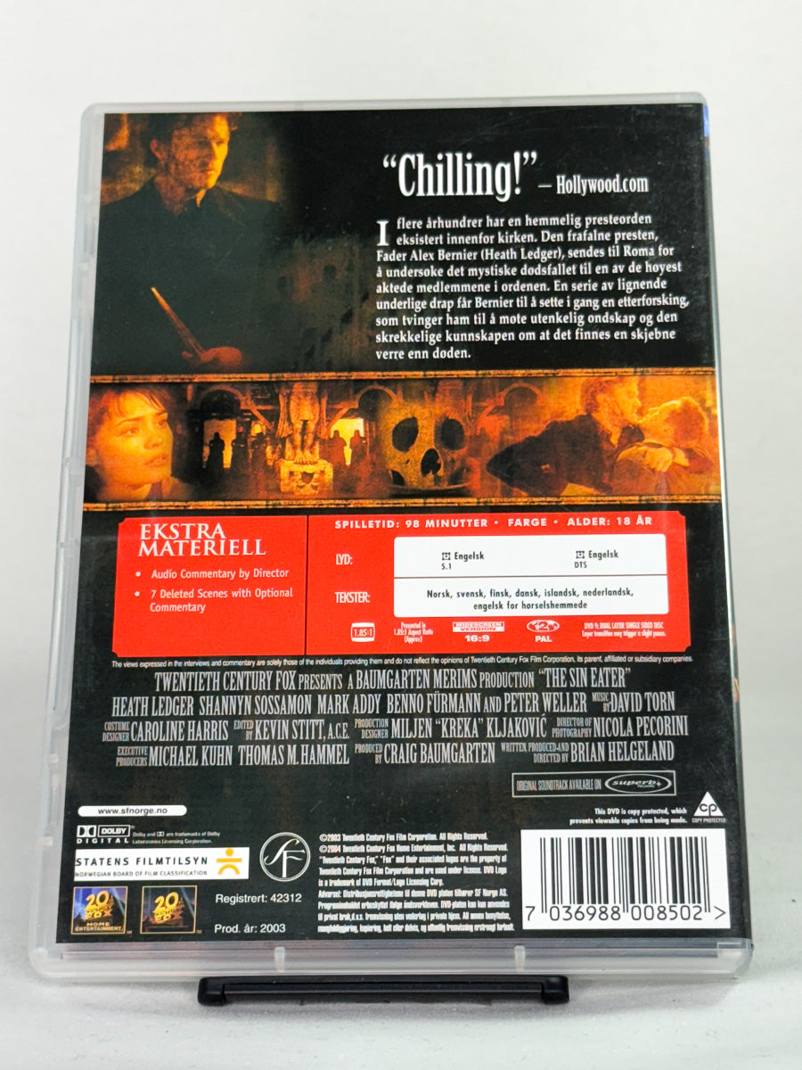 Bakside av DVD-cover til The Sin Eater med beskrivelser og teknisk info; brukt DVD hos Brukbar Film.