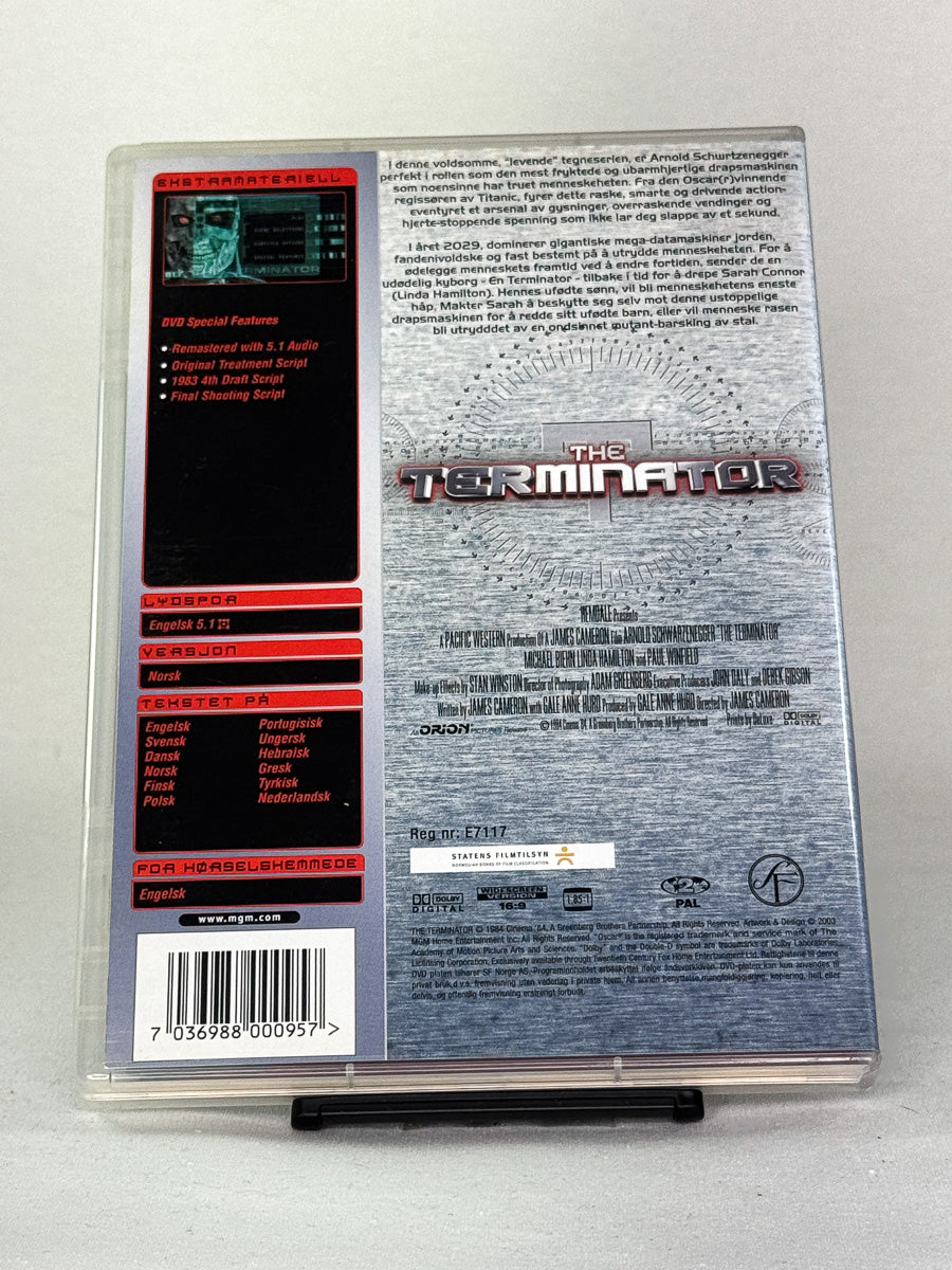 Bakside av DVD-cover til The Terminator – originalfilmen fra 1984 som startet den legendariske franchisen, brukt DVD tilgjengelig hos Brukbar Film