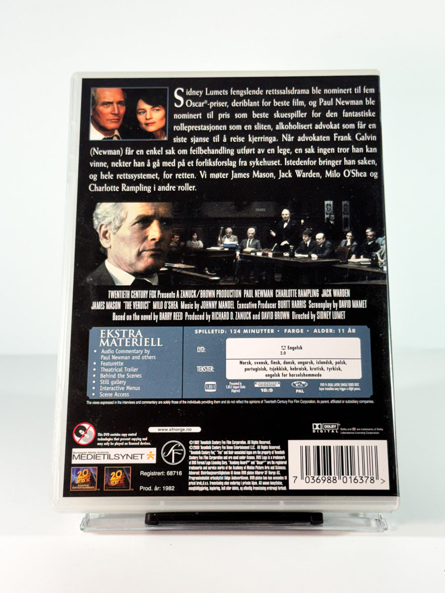 Bakside av cover til The Verdict, bruktfilm på DVD hos Brukbar Film