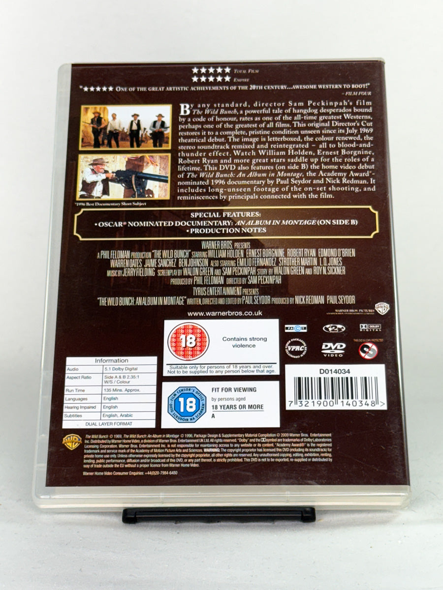Bakside av DVD-cover til The Wild Bunch, bruktfilm hos nettbutikken Brukbar Film