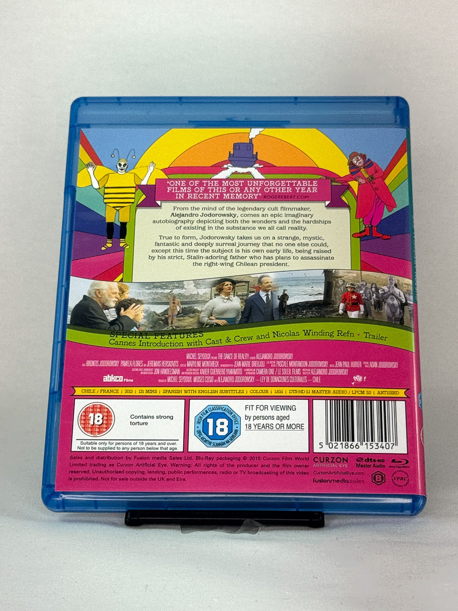 Bakside av Blu-ray-cover til The Dance of Reality – filmkunst av Alejandro Jodorowsky, del av unike brukte Blu-ray-utgivelser hos Brukbar Film.