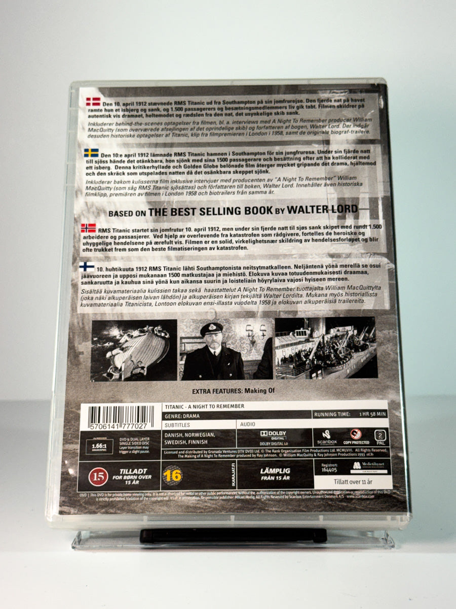 Bakside av cover til Titanic – A Night to Remember, bruktfilm på DVD hos Brukbar Film