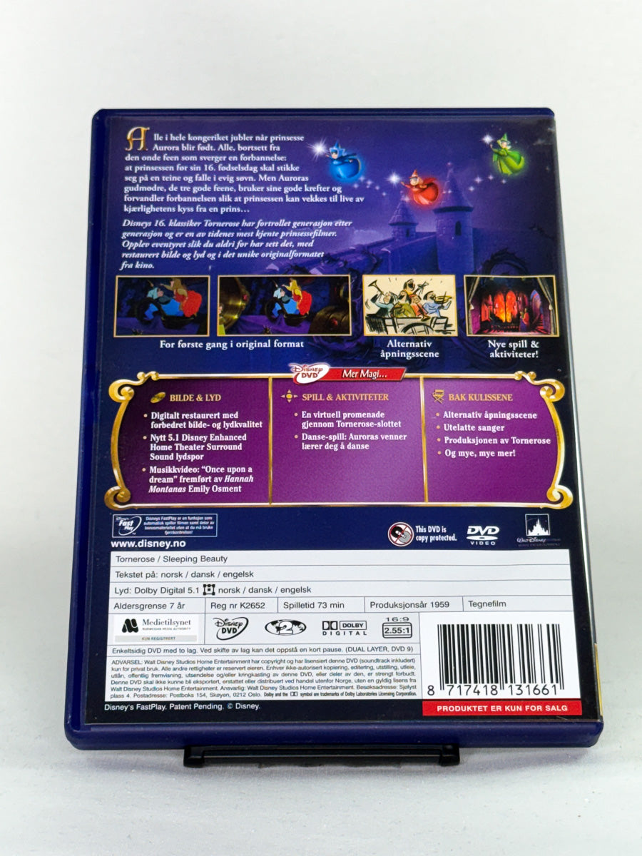 DVD-bakside til filmen Tornerose Spesialutgave
Baksiden viser info, spesifikasjoner og eventuell ekstratekst – produktbilde fra nettbutikken Brukbar Film